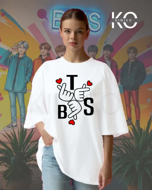 BTS finger symbol design white color drop shoulder t-shirts for girls