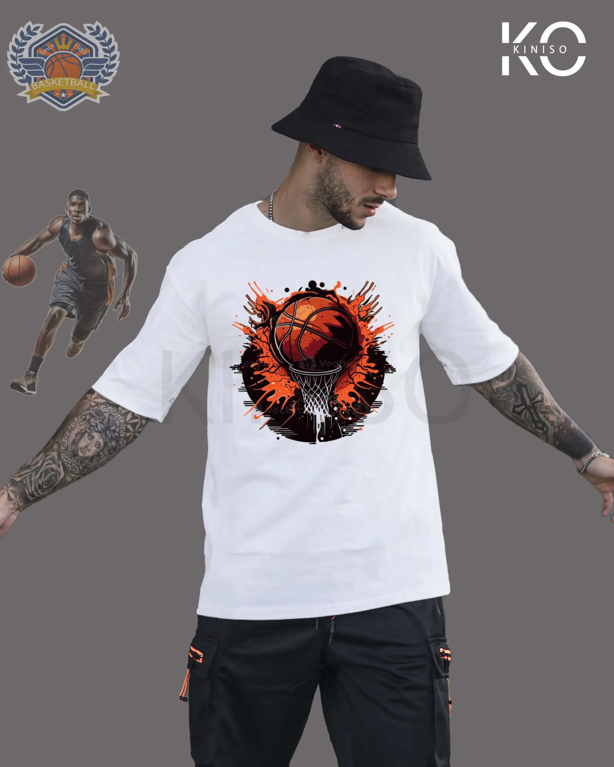 Image of White Color Drop Shoulder NBA Themed T-Shirts with Basket Ball Splash Design for Men