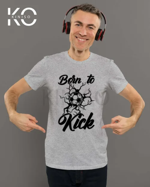 Image of Light Grey Casual Soccer Themed T-Shirt For Men with Born To Kick Balls Design Print