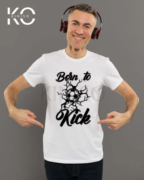 Image of White Casual Soccer Themed T-Shirt For Men with Born To Kick Balls Design Print