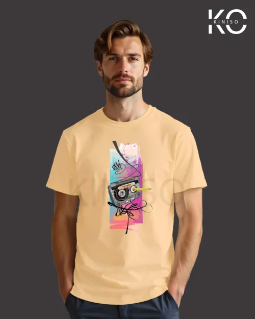 Image of Cassette tape with Pencil Design t-shirt Brown color