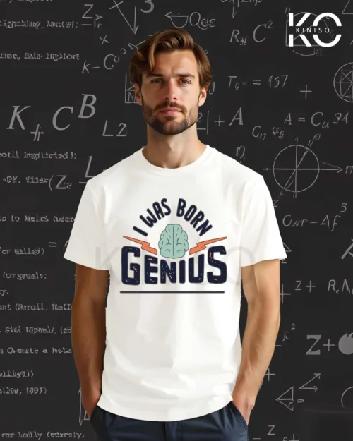 Image of White Half Sleeve T-Shirt with I Was Genius Print for men