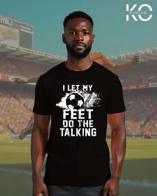 Image of Black Casual Soccer Themed T-Shirt For Men with I Let My Foot Talk Design Print