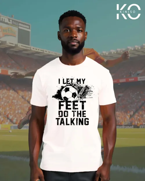 Image of White Casual Soccer Themed T-Shirt For Men with I Let My Foot Talk Design Print