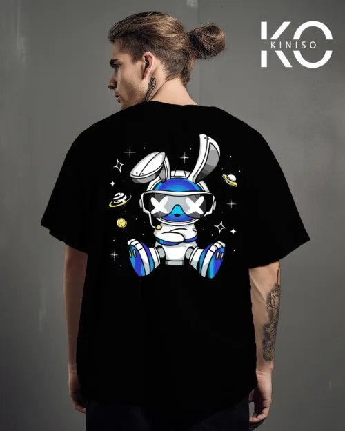 Image of Black Color Drop Shoulder Graffiti Themed T-Shirts with NASA Rabbit Print