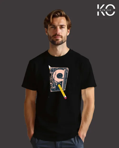 Image of Nostalgic cassette with Pencil printed t-shirt Black color