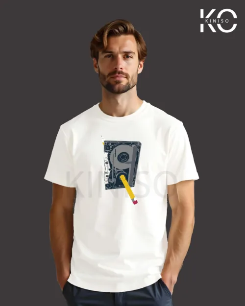 Image of Nostalgic cassette with Pencil printed t-shirt white color