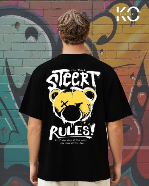 Image of Black Color Drop Shoulder Graffiti Themed T-Shirts with Street Rules Print