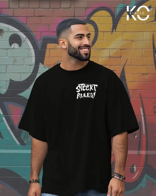 Image of Black Color Drop Shoulder Graffiti Themed T-Shirts with Street Rules Print