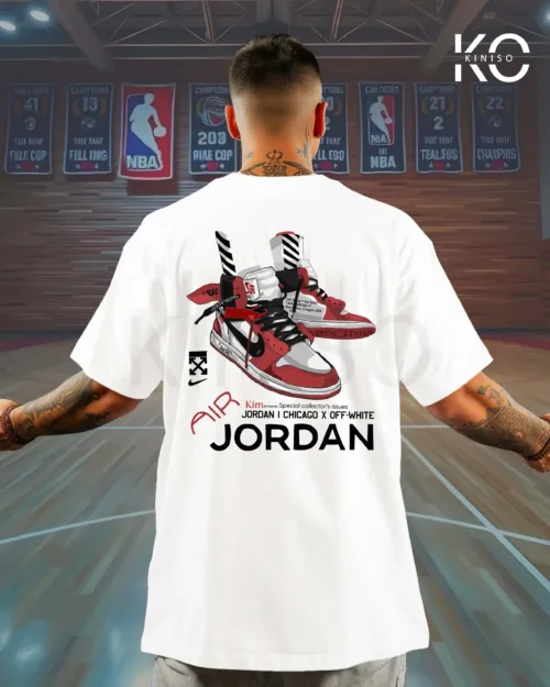 Image of Kiniso's white color drop shoulder t-shirt with Air Jordan Nike Shoe Print for basket ball lover boys