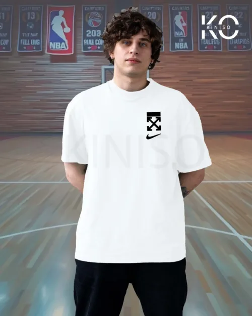 Image of Kiniso's white color drop shoulder t-shirt with Air Jordan Nike Shoe Print for basket ball lover boys