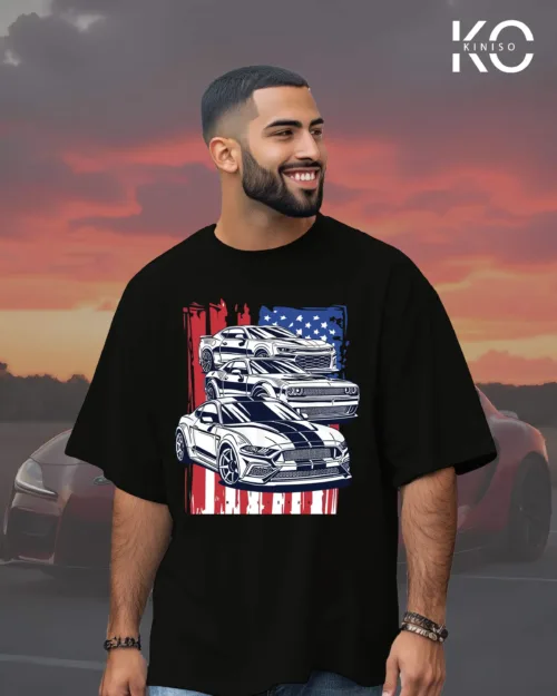 Image of Black Drop Shoulder Car Themed T-Shirt American Racing Car Design Print For Men