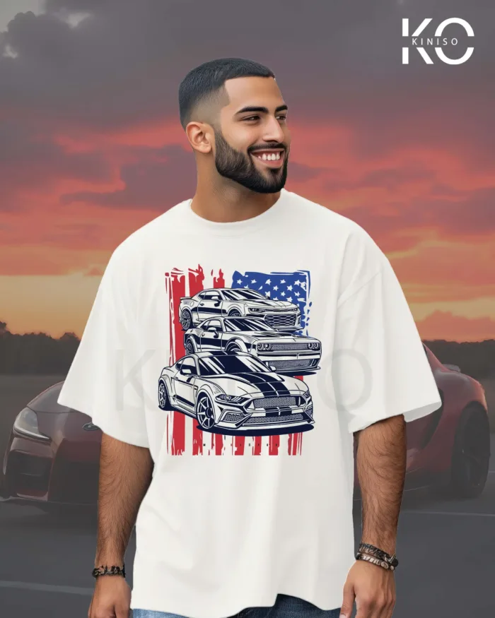 Image of White Drop Shoulder Car Themed T-Shirt American Racing Car Design Print For Men