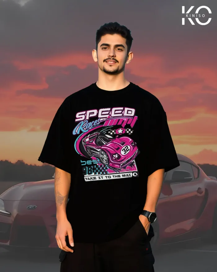 Image of Kiniso Black color drop shoulder car themed t-shirt with best speed race print