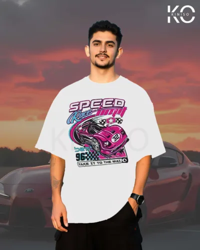 Image of Kiniso white color drop shoulder car themed t-shirt with best speed race print