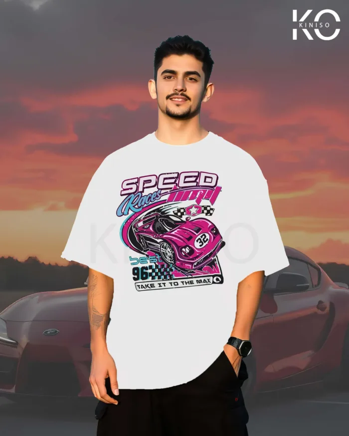 Image of Kiniso white color drop shoulder car themed t-shirt with best speed race print