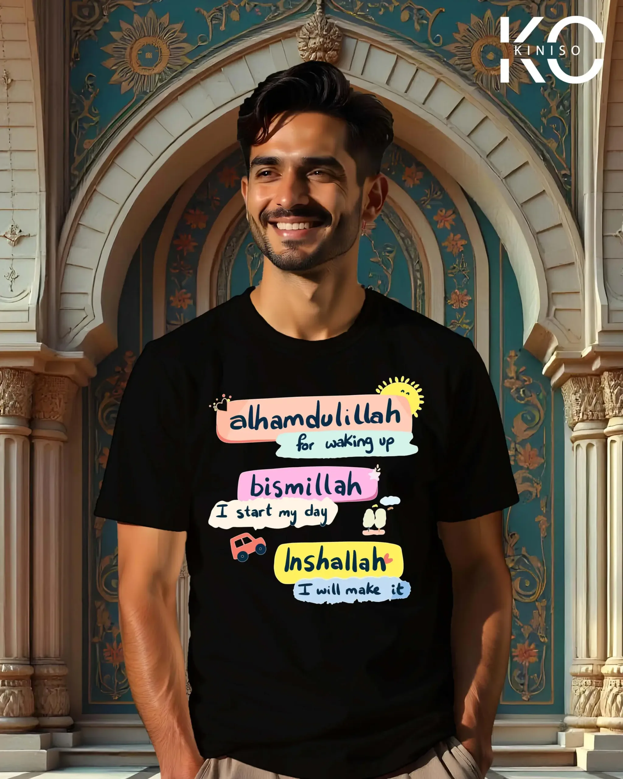 Image of Black color Kiniso Islamic t-shirts with Bismillah Alhamdulillah Inshaallah print