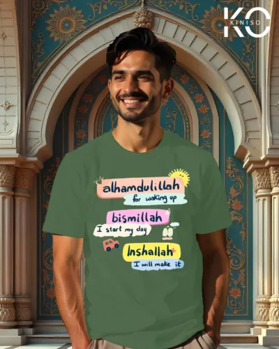 Image of Pastel Green color Kiniso Islamic t-shirts with Bismillah Alhamdulillah Inshaallah print