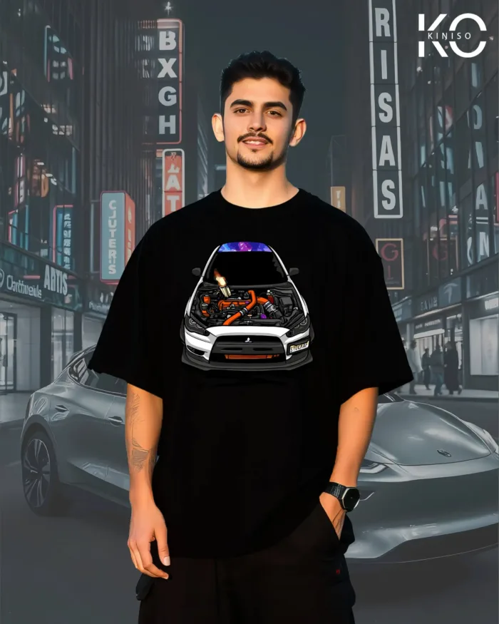 Image of Kiniso Black color car themed t-shirt with car hood open print