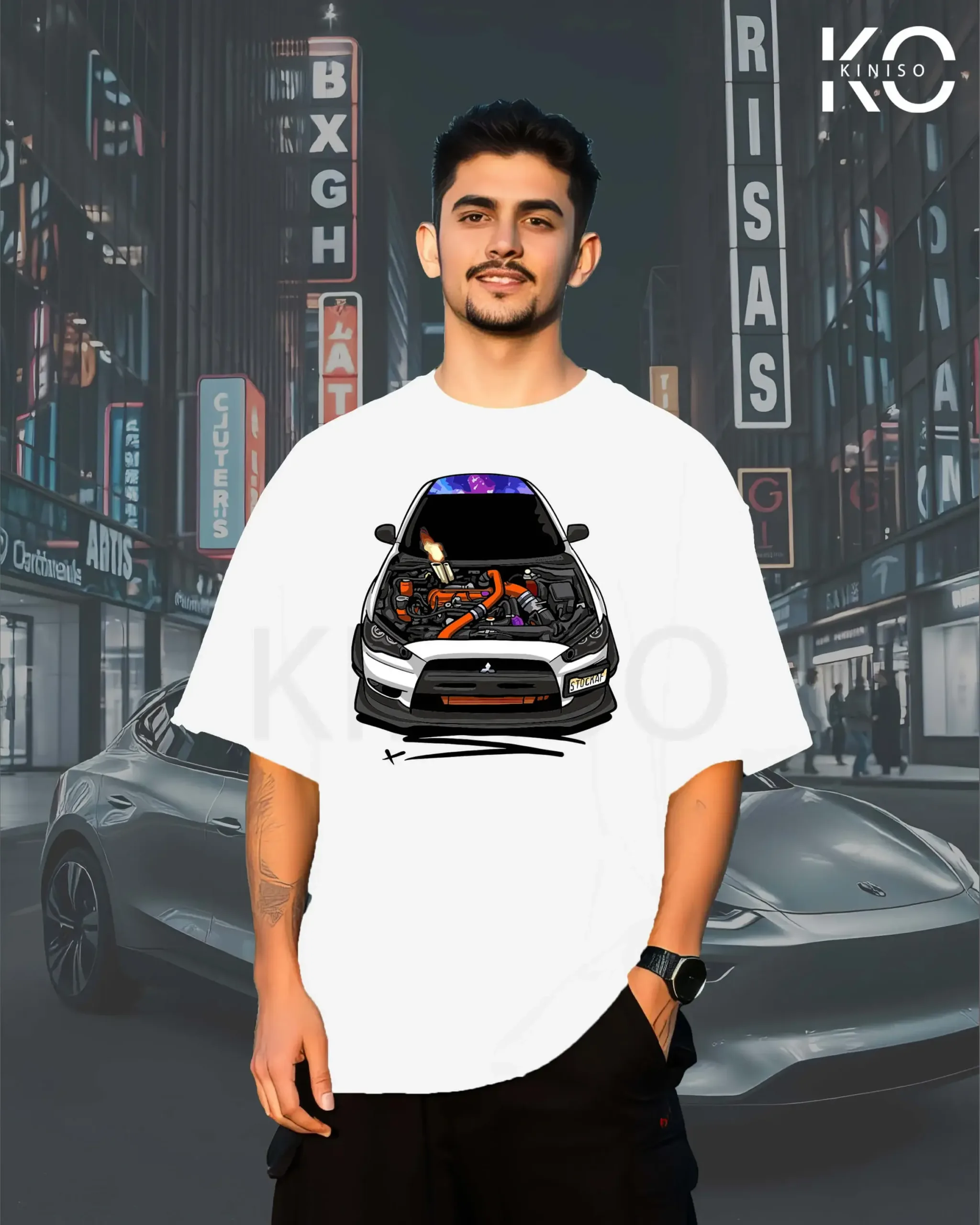 Image of Kiniso white color car themed t-shirt with car hood open print