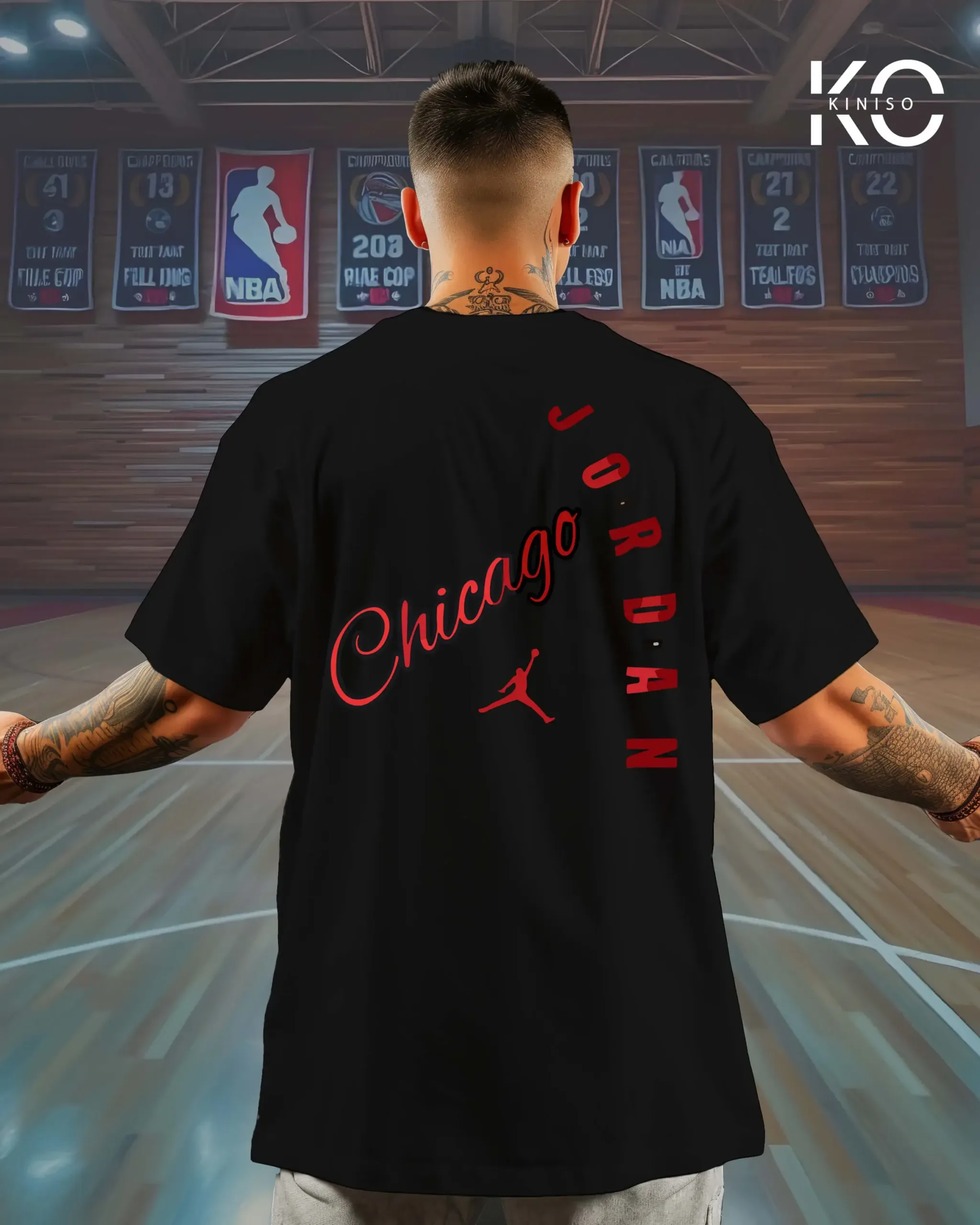 Image of Black Color Drop Shoulder NBA T-Shirt with Chicago Jordan Design for Basket Ball Lovers