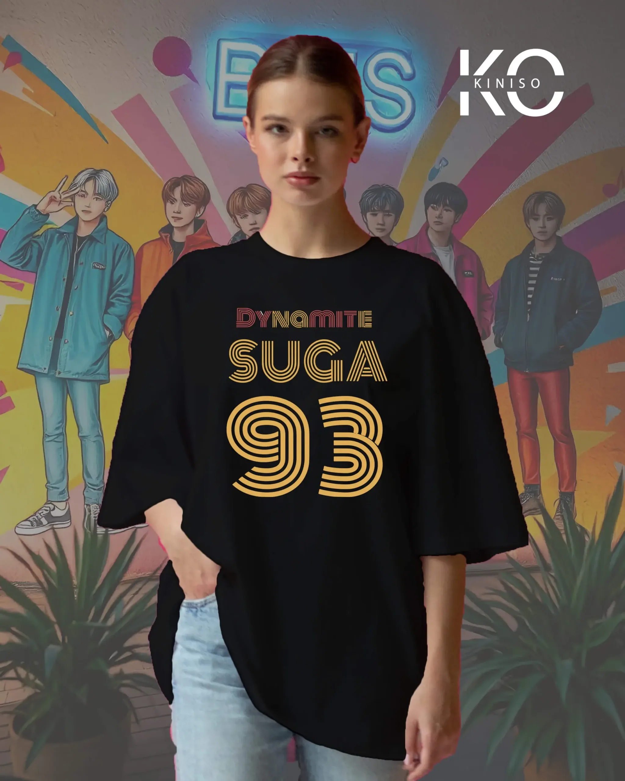 Image of BTS Dynamite Suga design Black color drop shoulder t-shirts for girls