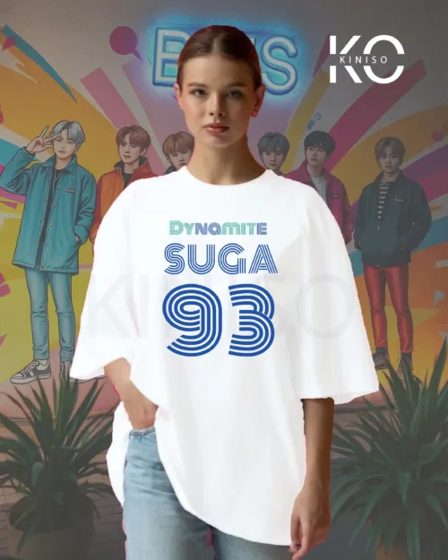 Image of BTS Dynamite Suga design white color drop shoulder t-shirts for girls