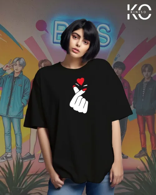 Image of Kiniso Black color drop shoulder t-shirts with BTS finger heart design for K-Pop Lovers