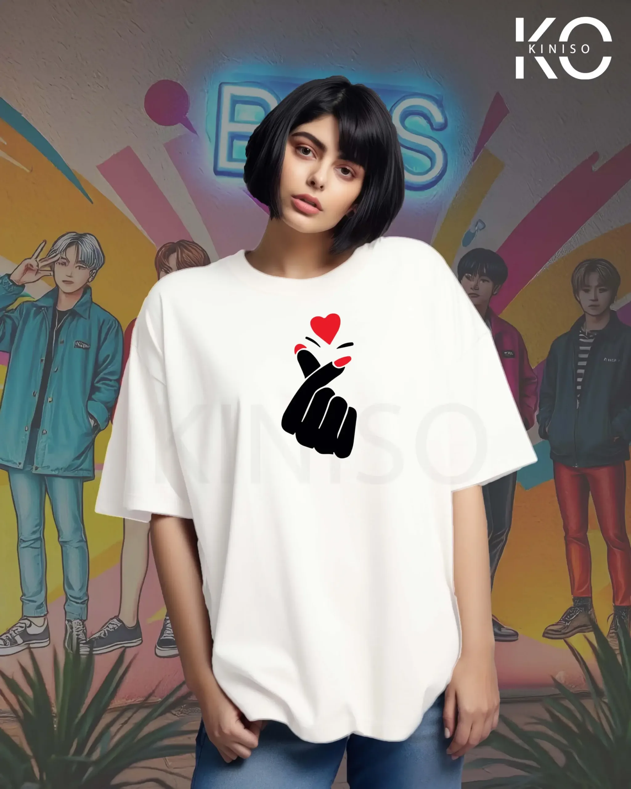 Image of Kiniso white color drop shoulder t-shirts with BTS finger heart design for K-Pop Lovers