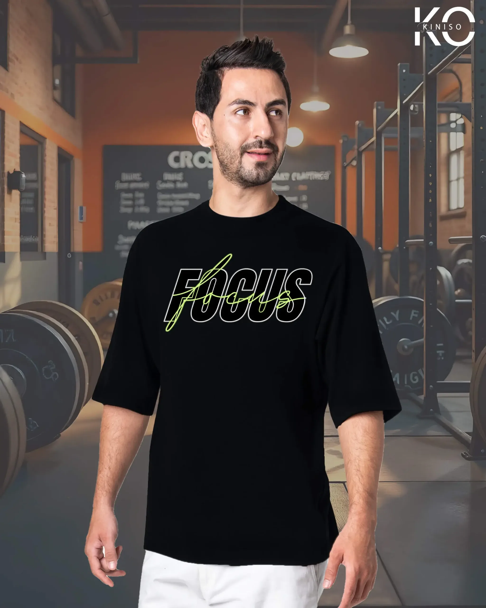 Image of Black Drop Shoulder Gym Themed T-Shirt Focus Text Design Print For Men