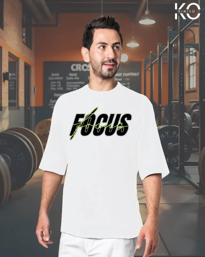 Image of White Drop Shoulder Gym Themed T-Shirt Focus Text Design Print For Men