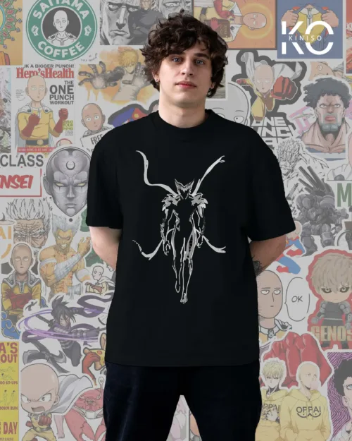 Image of Kiniso Black Color Drop Shoulder T-Shirt with one punch Garou print for Manga Lovers