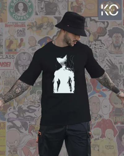 Image of Kiniso Black Color Drop Shoulder T-Shirt with One Punch Man Garou print for Manga Lovers