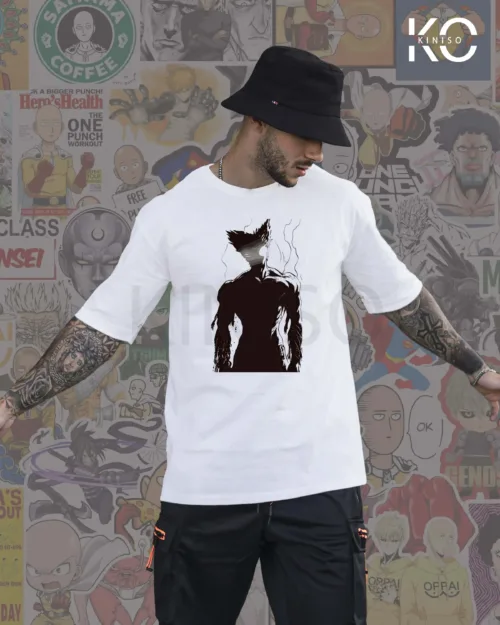 Image of Kiniso White Color Drop Shoulder T-Shirt with One Punch Man Garou print for Manga Lovers