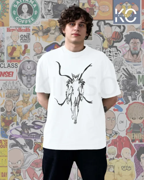 Image of Kiniso White Color Drop Shoulder T-Shirt with one punch Garou print for Manga Lovers