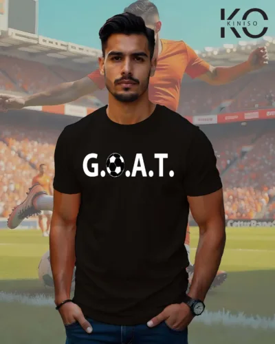 Image of Biscuit Color Casual Soccer Themed T-Shirt For Men with G.O.A.T Design Print