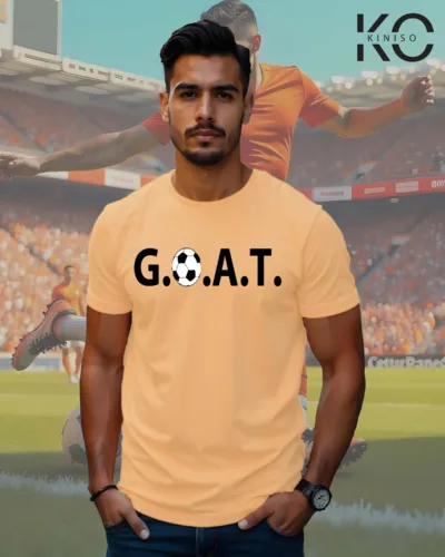 Image of Biscuit Color Casual Soccer Themed T-Shirt For Men with G.O.A.T Design Print