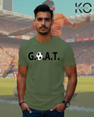 Image of Pastel Green Color Casual Soccer Themed T-Shirt For Men with G.O.A.T Design Print