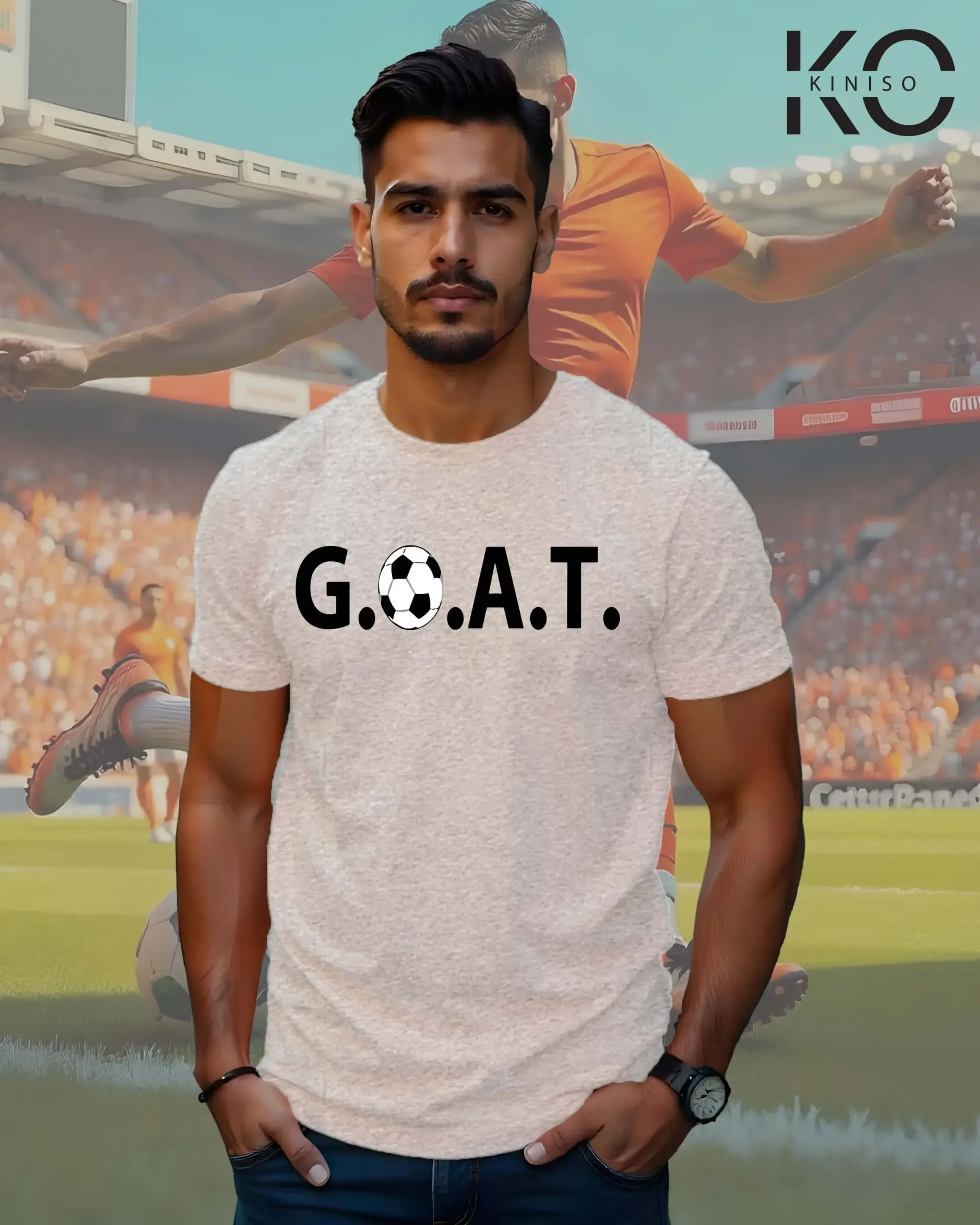 Image of Light Grey Color Casual Soccer Themed T-Shirt For Men with G.O.A.T Design Print