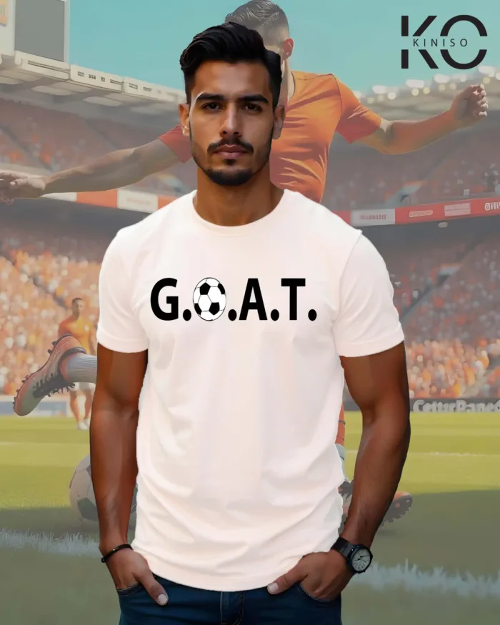 Image of White Color Casual Soccer Themed T-Shirt For Men with G.O.A.T Design Print