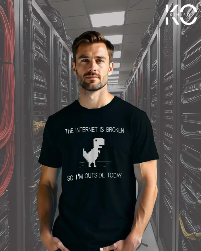 Image of Kiniso Black Color Half Sleeve Crew Neck T-Shirt for Men with Internet in Broken Design