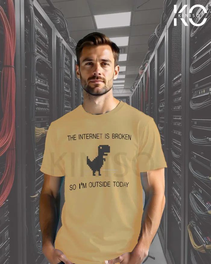 Image of Kiniso Biscuit Color Half Sleeve Crew Neck T-Shirt for Men with Internet in Broken Design