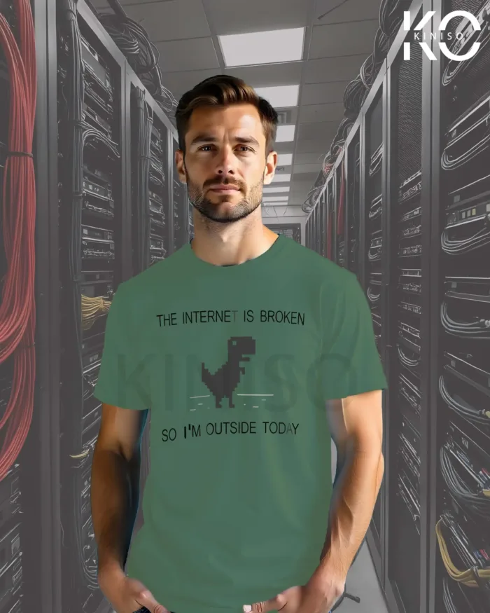 Image of Kiniso Pastel Green Color Half Sleeve Crew Neck T-Shirt for Men with Internet in Broken Design