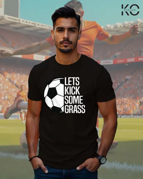 Image of Half Sleeve Black Football Themed T-Shirt for Soccer Lovers with Let's Kick Some Grass Print