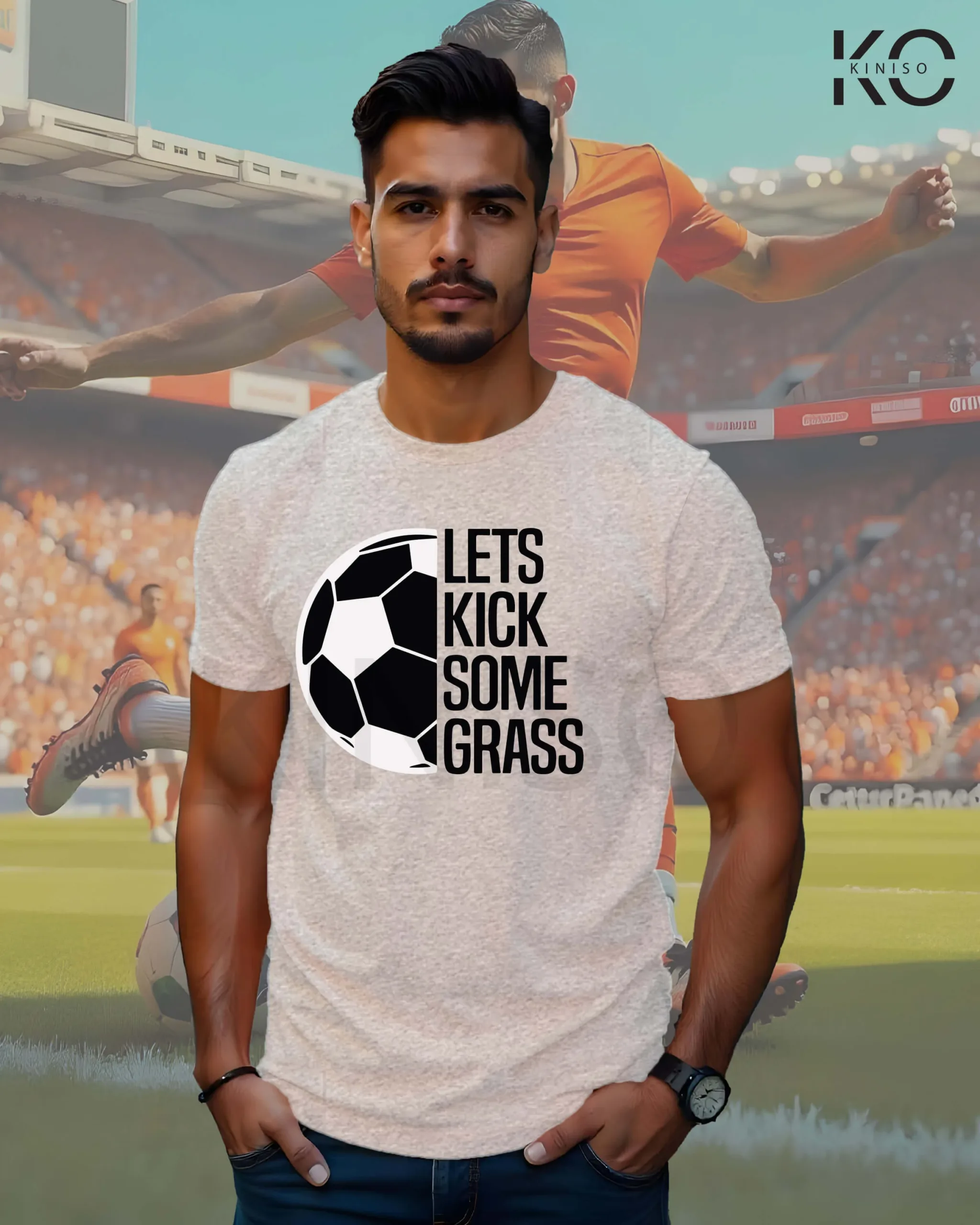 Image of Half Sleeve Light Grey Football Themed T-Shirt for Soccer Lovers with Let's Kick Some Grass Print