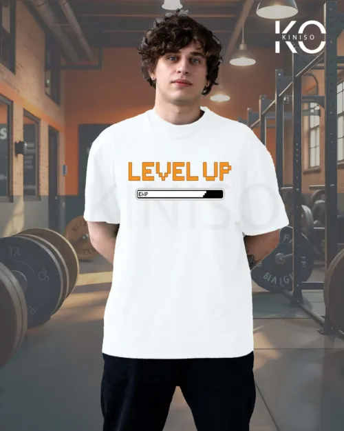 Image of Kiniso White color drop shoulder Gym themed t-shirt with level up print