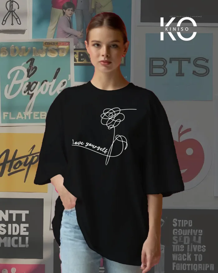 Image of Kiniso black color drop shoulder k-pop t-shirt with BTS love yourself signature for Bangtan fans