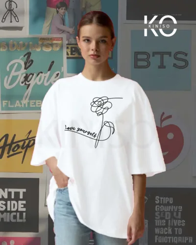 Image of Kiniso White color drop shoulder k-pop t-shirt with BTS love yourself signature for Bangtan fans