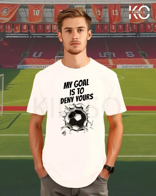 Image of Kiniso white t-shirt with, my goal in to deny yours print