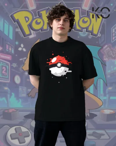 Image of Kiniso black color drop shoulder Gaming themed t-shirt with Pokemon game print